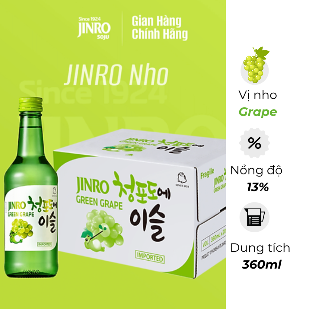 Rượu Soju Hàn Quốc Jinro vị Nho Xanh Green Grape 360ml (20 Chai / Thùng)