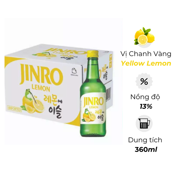 Rượu Soju Jinro Hàn Quốc Vị Chanh Vàng Lemon- Chai 360ML (20 Chai / Thùng)