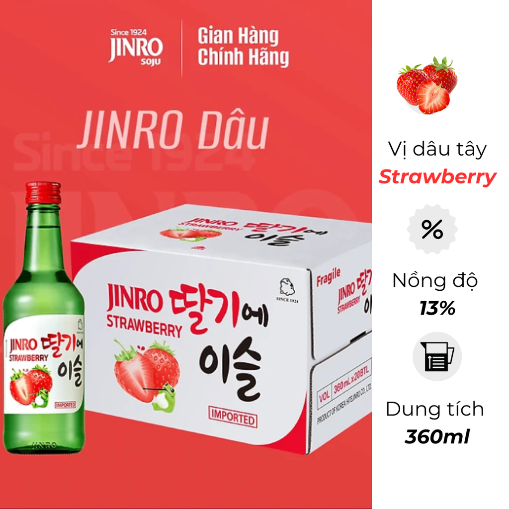 Rượu Soju Hàn Quốc Jinro Vị Dâu Tây Strawberry 360ml (20 Chai / Thùng)